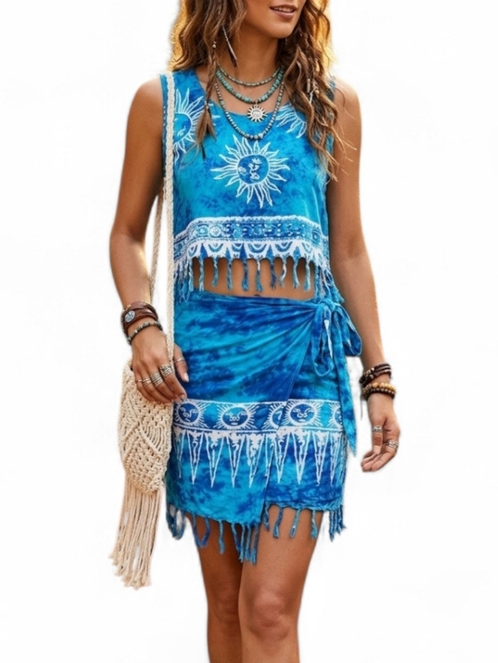 Other - Vintage Celestial Blue Tie Dye Crop Top & Wrap Skirt Set Boho Festival